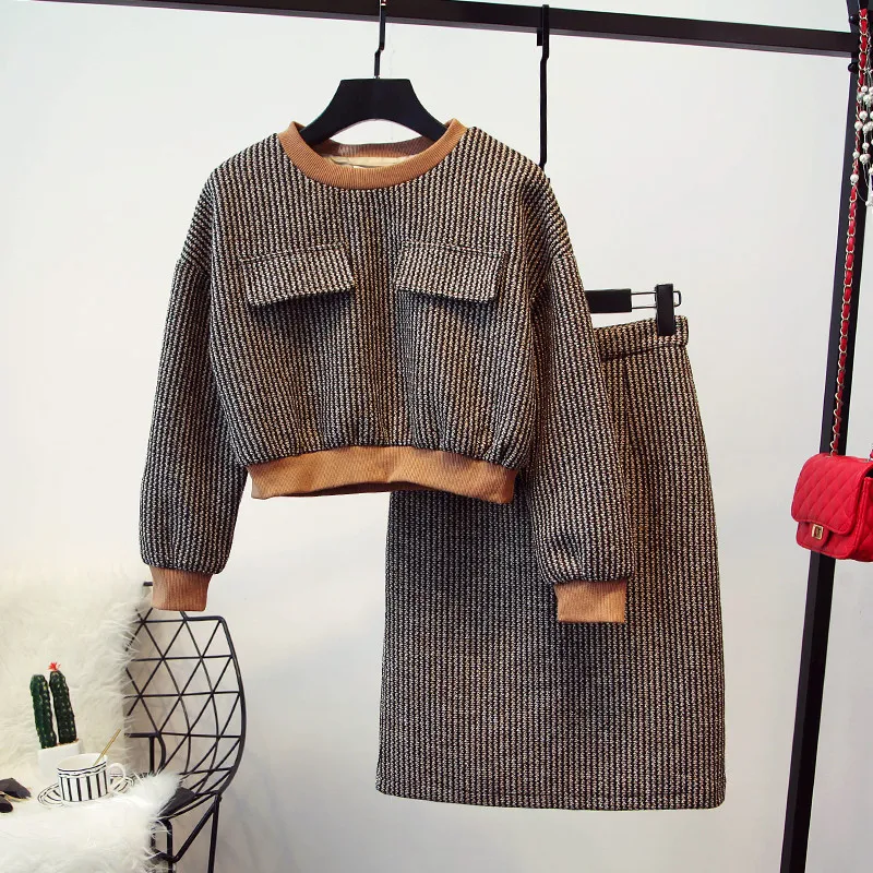 

Women Two Piece Set Cropped Top and Skirt Fashion Striped Sweater&Pencil Dress Sets Female Autumn Winter Outfits Tracksuits