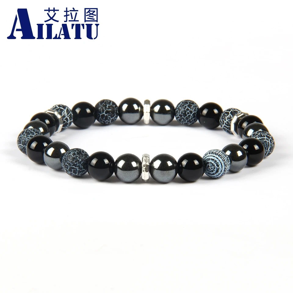 

Ailatu Classic Jewelry 8mm Mix Colors Weathering Onyx and Black Hematite Stone Glass Beads Bracelet for Men