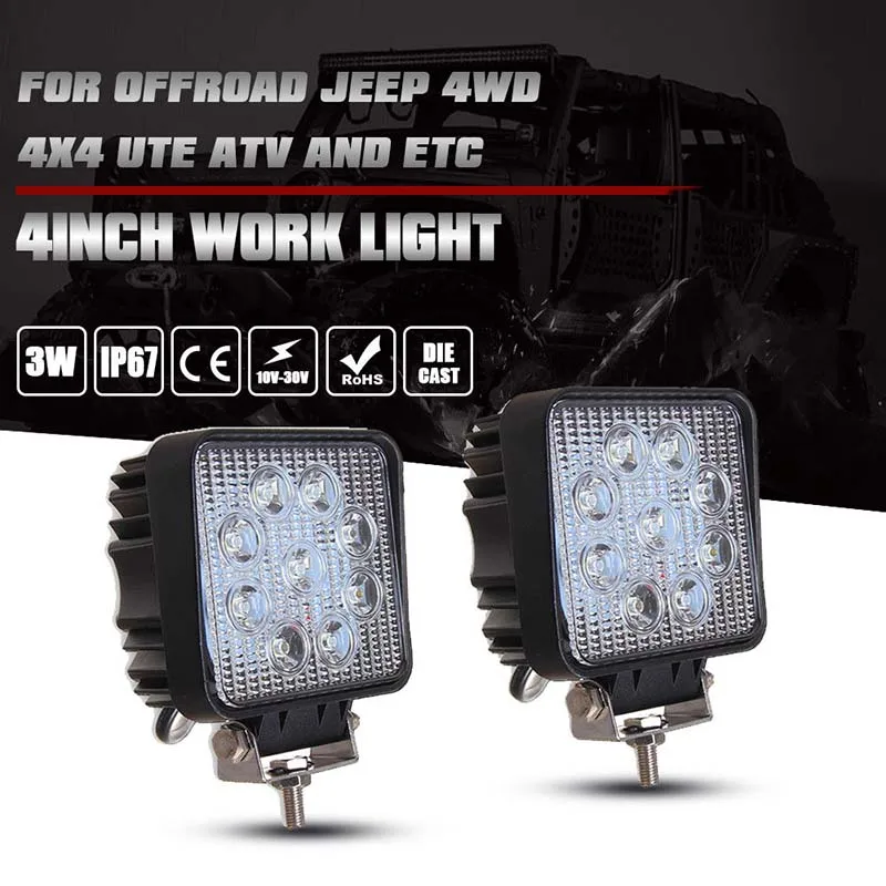 

2X 27W 4inch Square Spot LED Work Light Offroad Fog Driving SUV ATV Truck 4WD Waterproof Dustproof