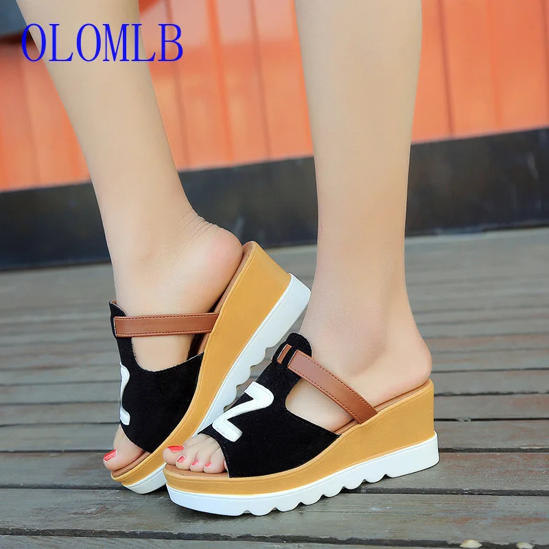

OLOMLB Women Slipper Sandals Heels Wedges Platform Leather Peep Toe Crystal Elegant Female Sandals Ladies Mules Summer Shoes