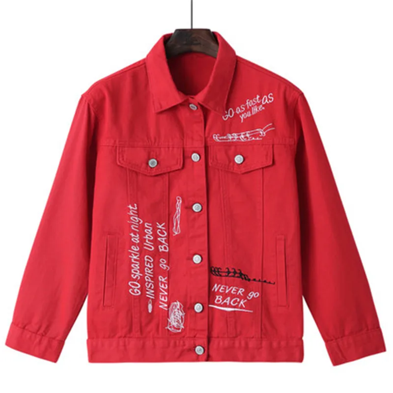 Модная красная джинсовая куртка женская 2019 весна осень Студенческая короткая куртка с надписью вышивка белые джинсы Верхняя одежда