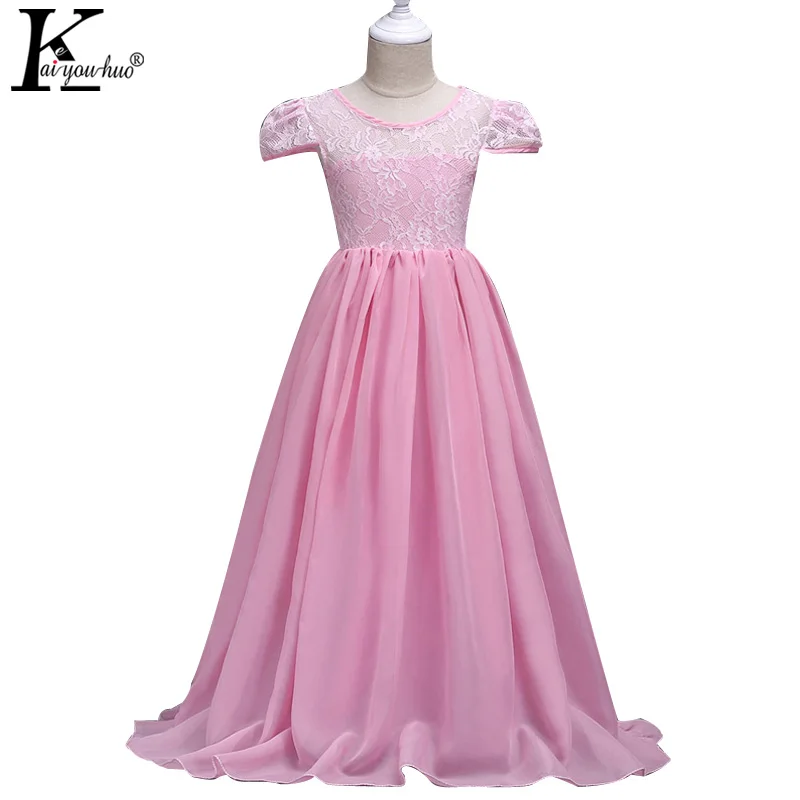 

Girls Beautiful Long Pink Wedding Dress 2017 New Summer Lace Tutu Dresses For Girls Clothes Vestidos Kids Costume Teenager Dress