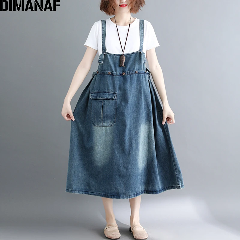 

DIMANAF Women Dress Plus Size Denim Blue Loose Sleeveless Long Jeans Dress 2018 Summer Oversized Femme Large Clothing Dress M-XL