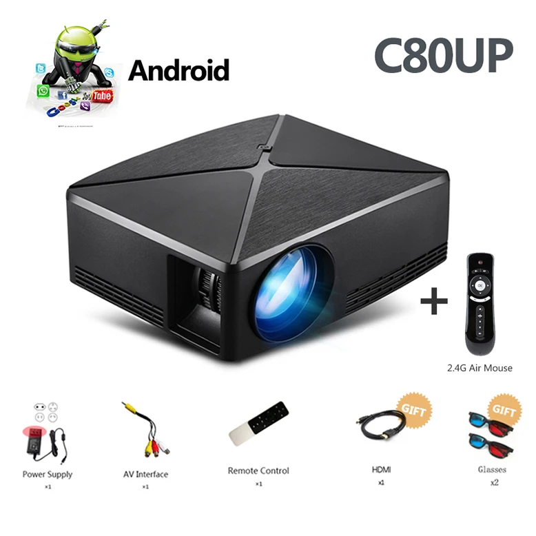 ALSTON HD MINI Projector C80/C80UP, 1280x720 Resolution, Android WIFI Proyector, LED Portable HD Beamer for Home Cinema 