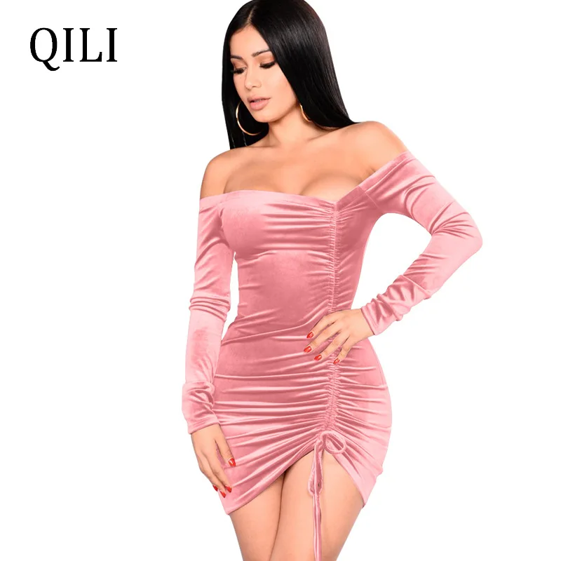 

QILI Summer Women Off The Shoulder Long Sleeve Dress Pleated Drawstring Asymmetrical Short Dresses Party Club Mini Dress