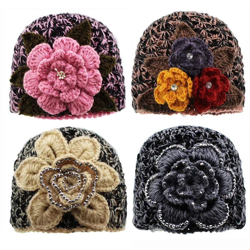 

Winter Beanies Hats for Women Wool Crochet Warm Caps Handmade Flower Silver Applique Thick Cap Female Skullies Chapeau Gorra
