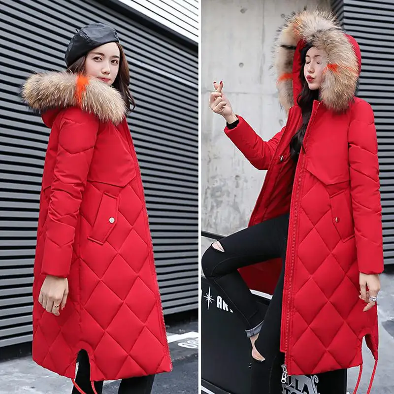 FTLZZ размера плюс для женщин Зимний пуховик хлопок пальто большой мех с капюшоном теплая длинная парка женский утолщаются Тонкий Повседневная Верхняя одежда - Цвет: Red