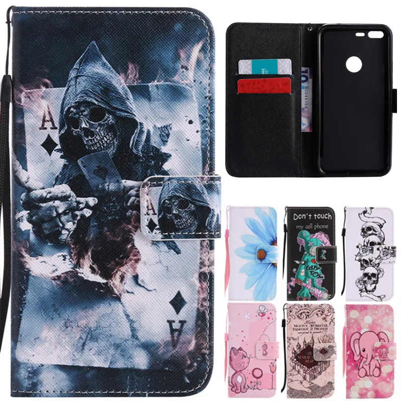 

For Pixel XL Luxury Cartoon Poker Skull Leather Flip Fundas Case For Coque Google Pixel 5.0 "/ Pixel XL 5.5 " Cover Elephant Cat