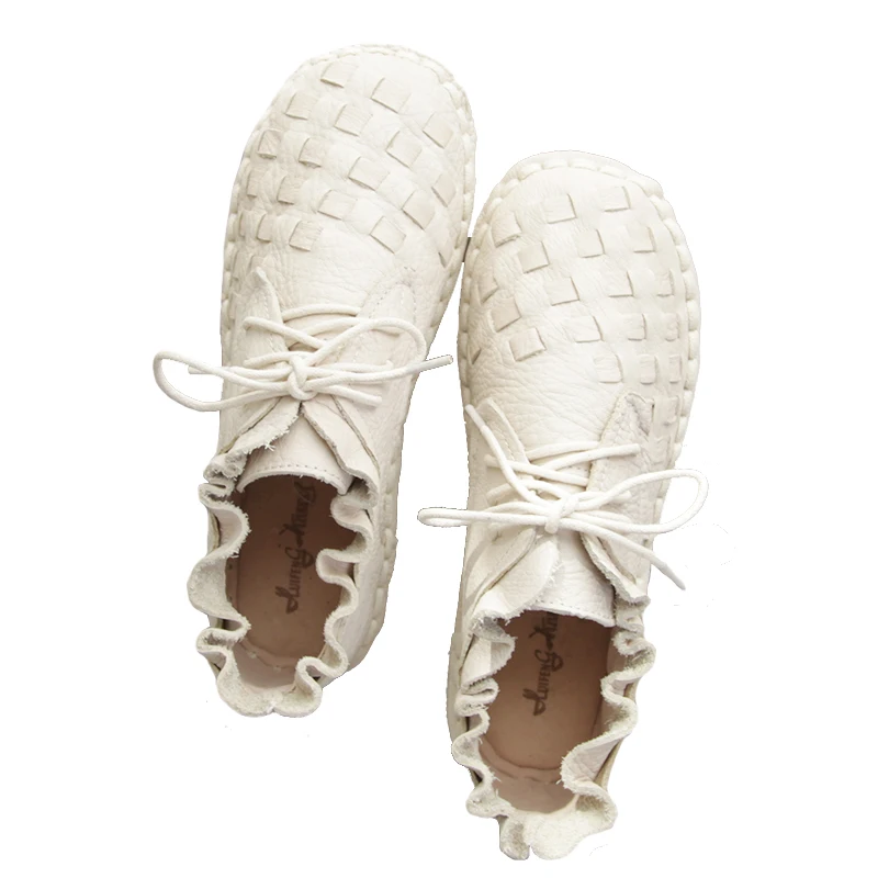 

Harajuku Literary Japanese Handmade Genuine Leather Lacing Single Shoes Simple Retro Sen Weaving Round Head Flat Shoes women's