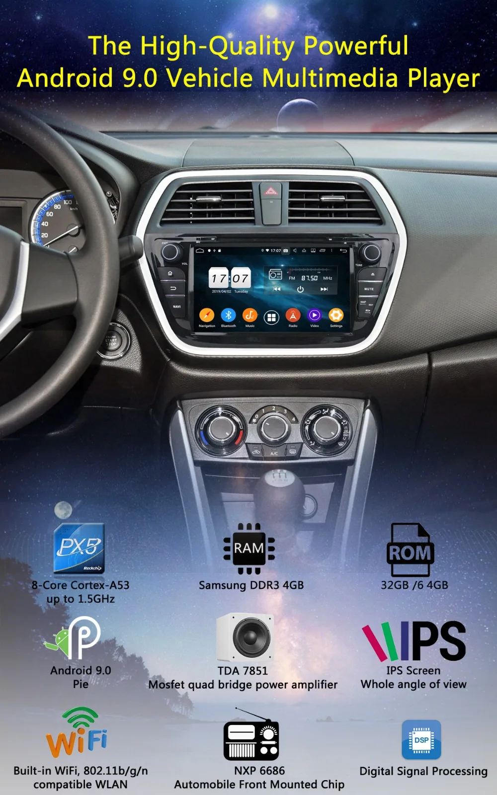 Perfect 8" IPS 1920*1080 8Core 4GB RAM+64GB ROM Android 9.0 Car DVD Player For Suzuki SX4 S-CROSS 2014 2015 DSP Radio GPS Parrot BT Adas 1