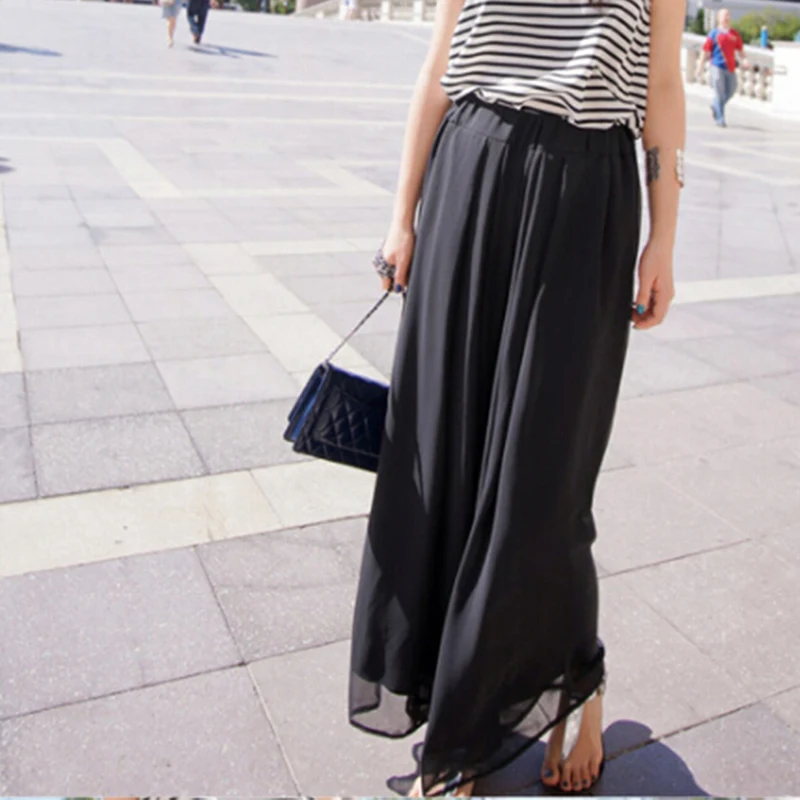 

GAOKE Fashion Women Chiffon Pants Summer Wide Leg Pants High Waist Long Loose Pants Palazzo Culottes Trousers Femme Pantalones