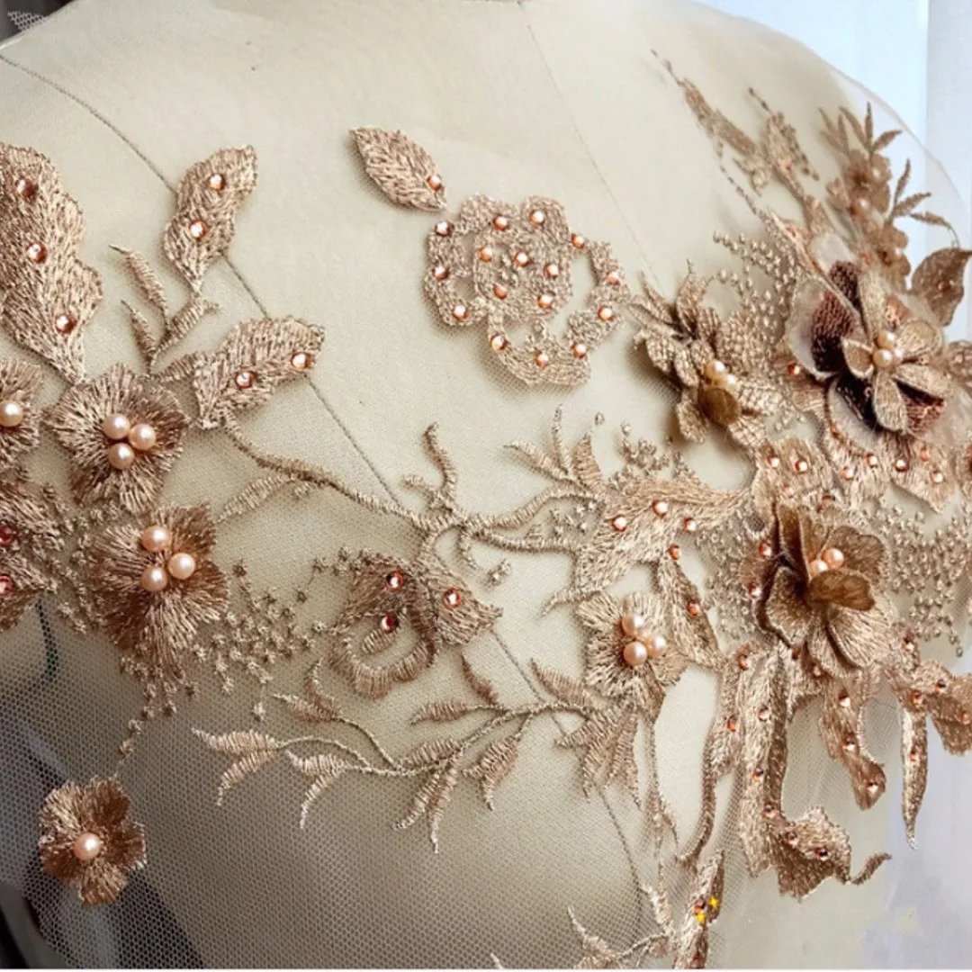 Pearl Beaded 3D Flowers Lace Applique Wedding Dress Decoration Floral Patch