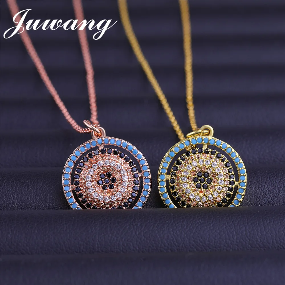 JUWANG Round Turkish Evil Eye Pendant Necklace for Woman Gold Silver Color Chain Copper Inlay Multicolor CZ Statement Jewelry Fashion Jewelry