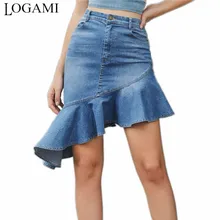 LOGAMI Высокая талия Нерегулярные джинсовая юбка в виде хвоста русалки для женщин Плиссированное мини-накидка женские юбки в стиле casual, летняя джинсовая юбка