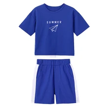 Pioneer Kids Boy Outfit Set Fake Two Piece Short Sleeve T Shirts+Shorts Tracksuit Children Letter Print Sport Clothing BTZ910040
