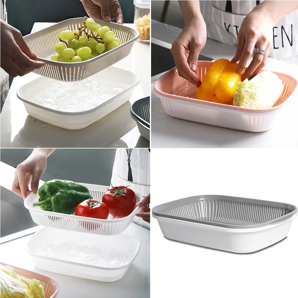 Plastic Square Drain Sealed Box Ginger Garlic Onion Food Refrigerator Container Portable fruit vegetable cleaning drain basket