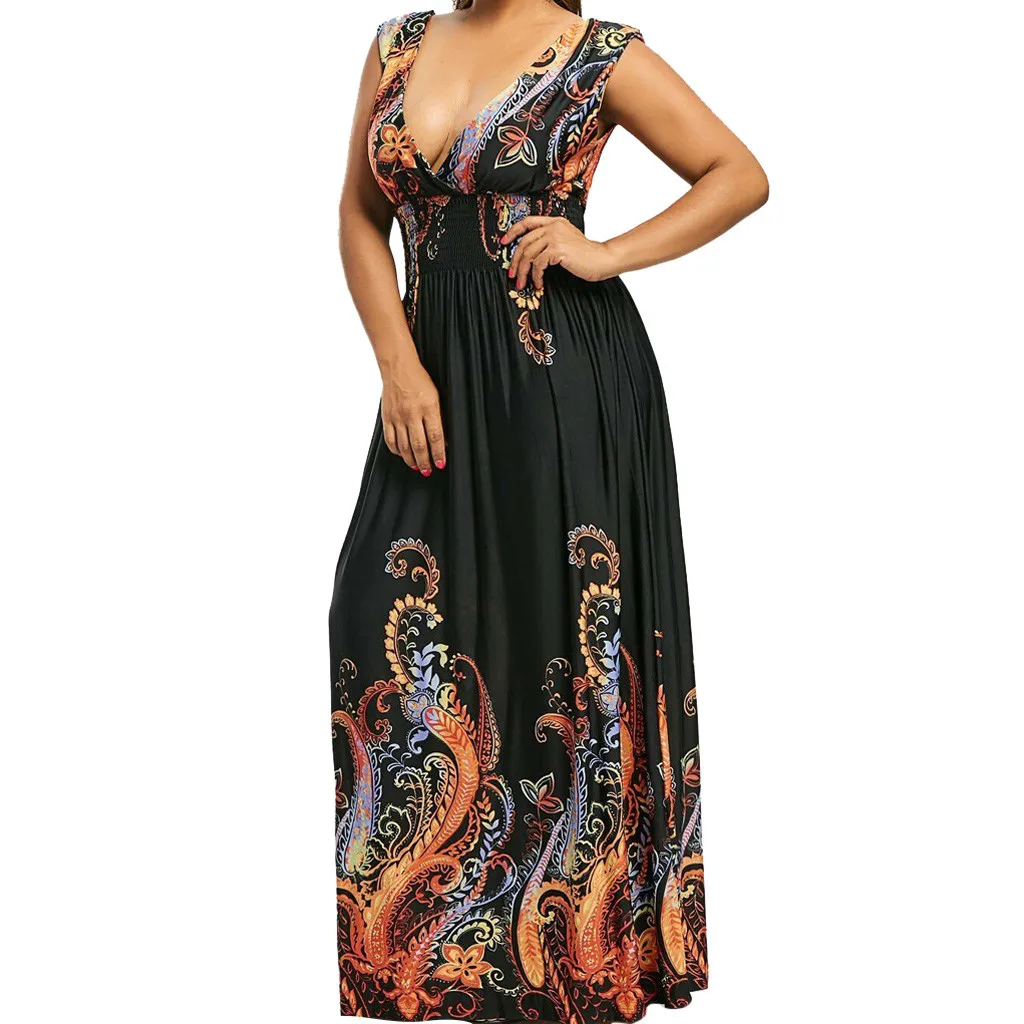 

Sexy Casual Printing summer clothes for women Sleeveless V-Neck large size dresses Long Open Back Dress44#G6