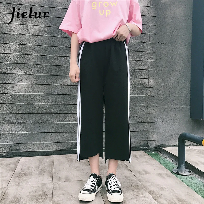 

Jielur 2019 Spring New Leisure Black Wide Leg Pants Female Fashion Striped Elastic Waist Capri Irregular Women's Pants M-XXL