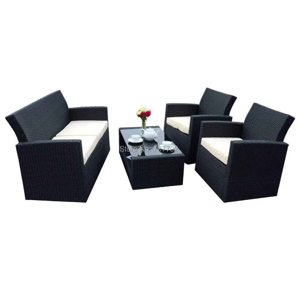 4 Piece Black Tuscany Rattan Wicker Sofa Chair Set Garden Conservatory
