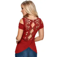 Women Sexy Back Hollow Out Lace Crochet Short Sleeve t Shirt Summer Casual Solid Slim Fit Tee Tops Plus Size