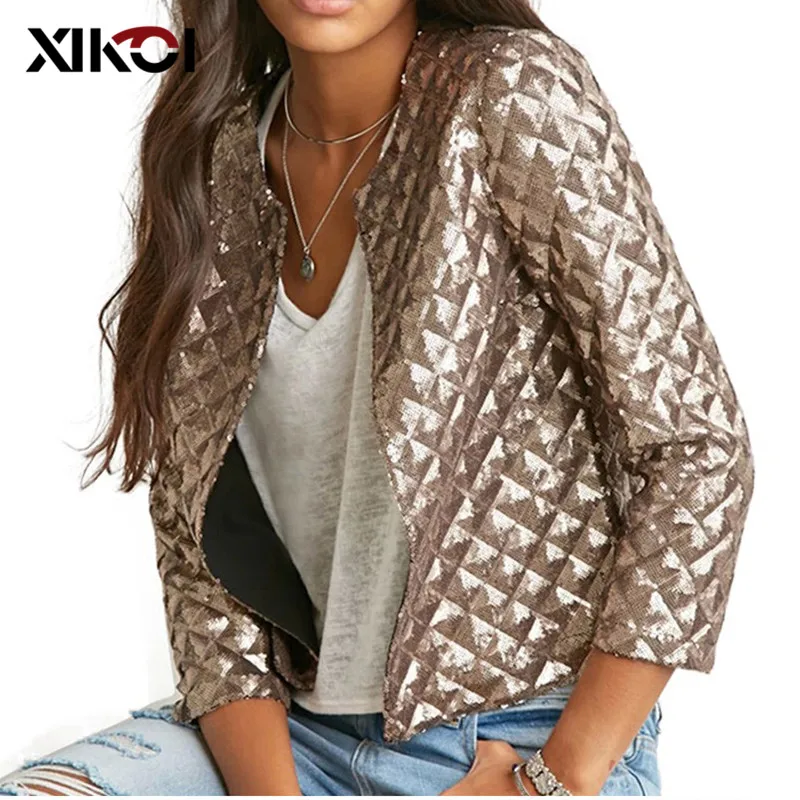 XIKOI новые модные женские короткие куртки с золотыми пайетками, три четверти одежда с рукавами, пальто женские повседневные куртки размера плюс