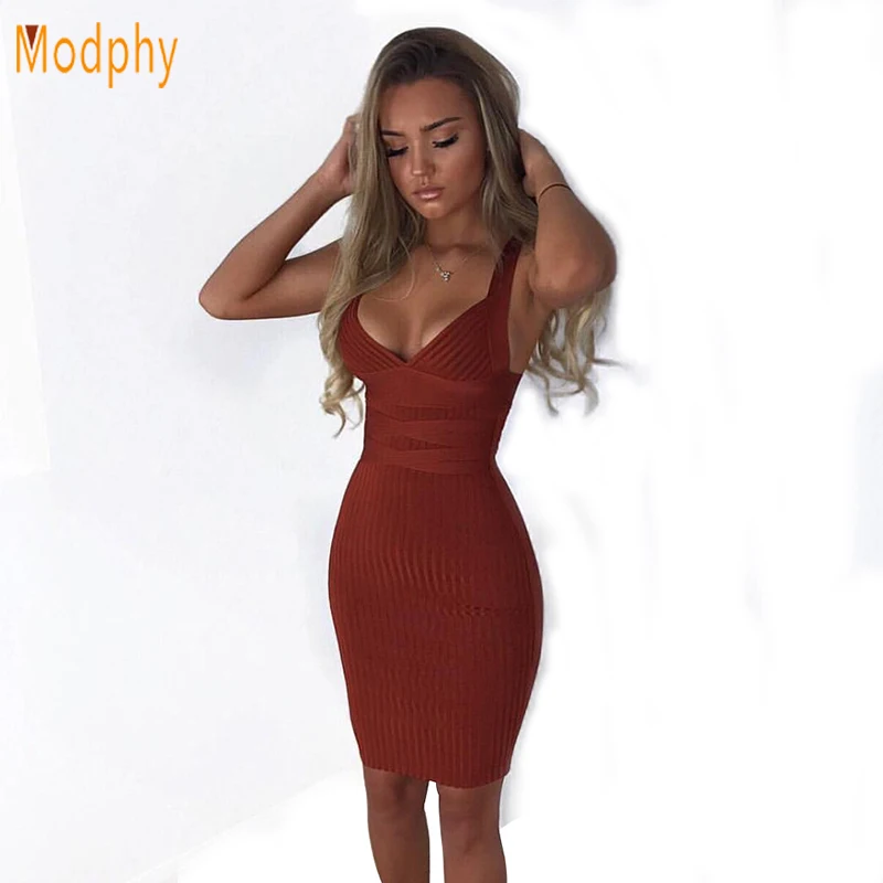 

Sleeveless Sheath Bodycon Dress Party Dress New Womens Sexy Deep v Rust Rib Rayon Bandage Dress Fashion HL218