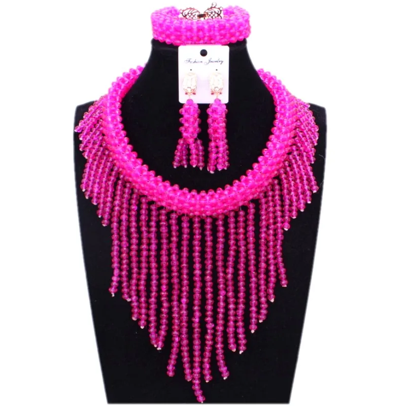 Fuchsia Pink African Beads Jewelry Sets Crystal Nigerian Wedding Beads Set Choker Design Costume Women Dubai jewelry Set 2018