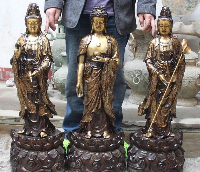 

bi002781 Tibet Bronze Gilt Stand Lotus Western Shakyamuni Kwan-yin God Buddha Statue Set