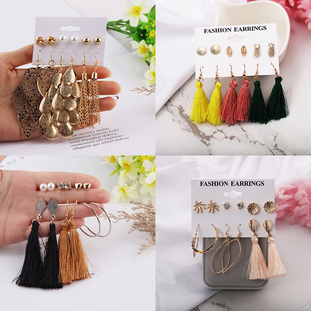 

Girlgo New 12 Design Metal Leaf Dangle Tassel Earrings Set For Women Colorful Statement Fringe Earrings Bohemia Heart Jewelry