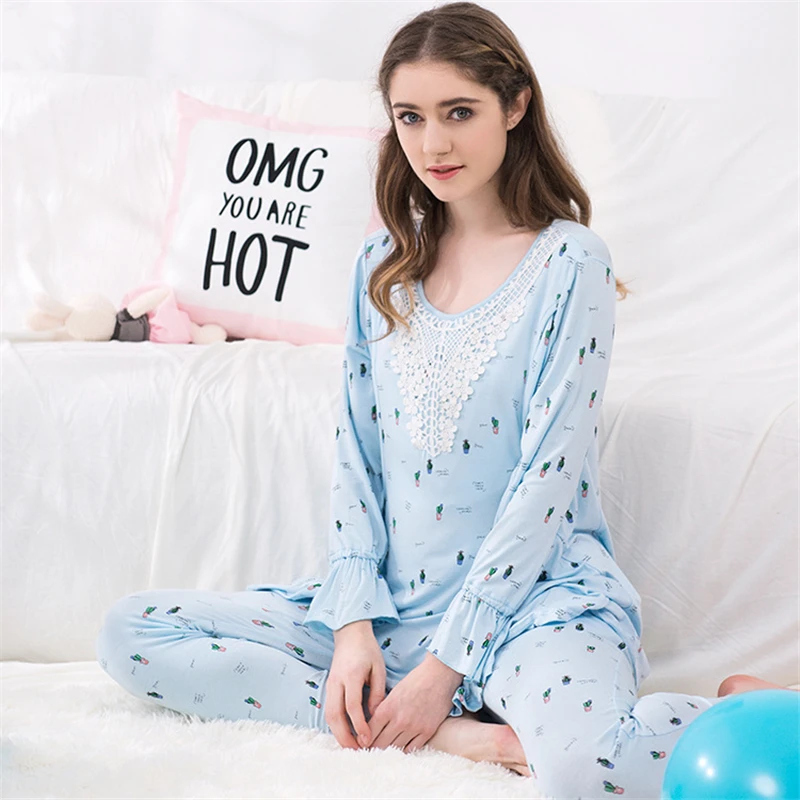 

Maternity Lace Sweet Sleepwear Sets Pregnant Breastfeeding Nursing Pajamas Women Comfortable Pregnancy Homewear AA51384