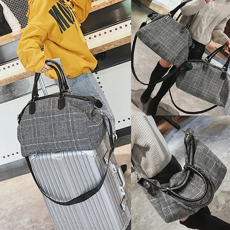 Short-distance Travel Bag Female Handbag Wool Large Capacity Waterproof Men Diagonal Fitness Bag Black Plaid Pattern Duffel Bag