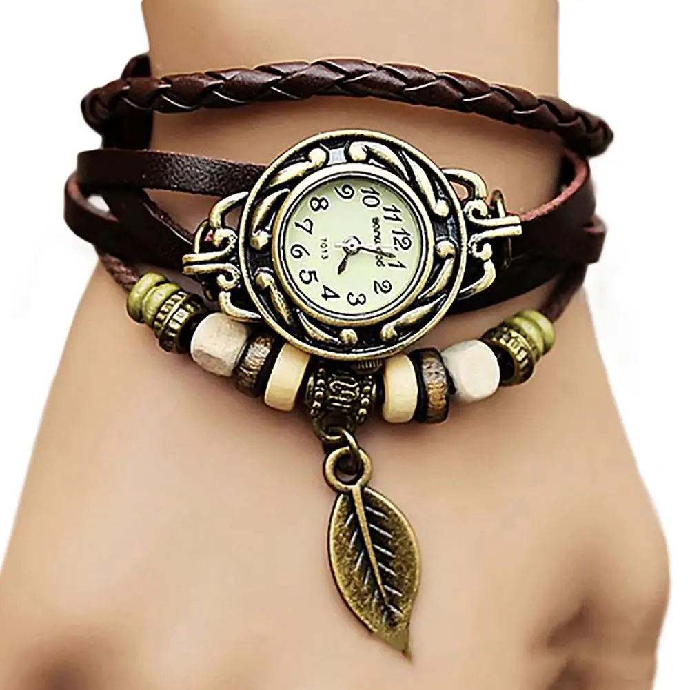 

woman watch Retro Multilayer Leaf Pendant Bead Braided Faux Leather Quartz Bracelet Watch relogios feminino dames horloges