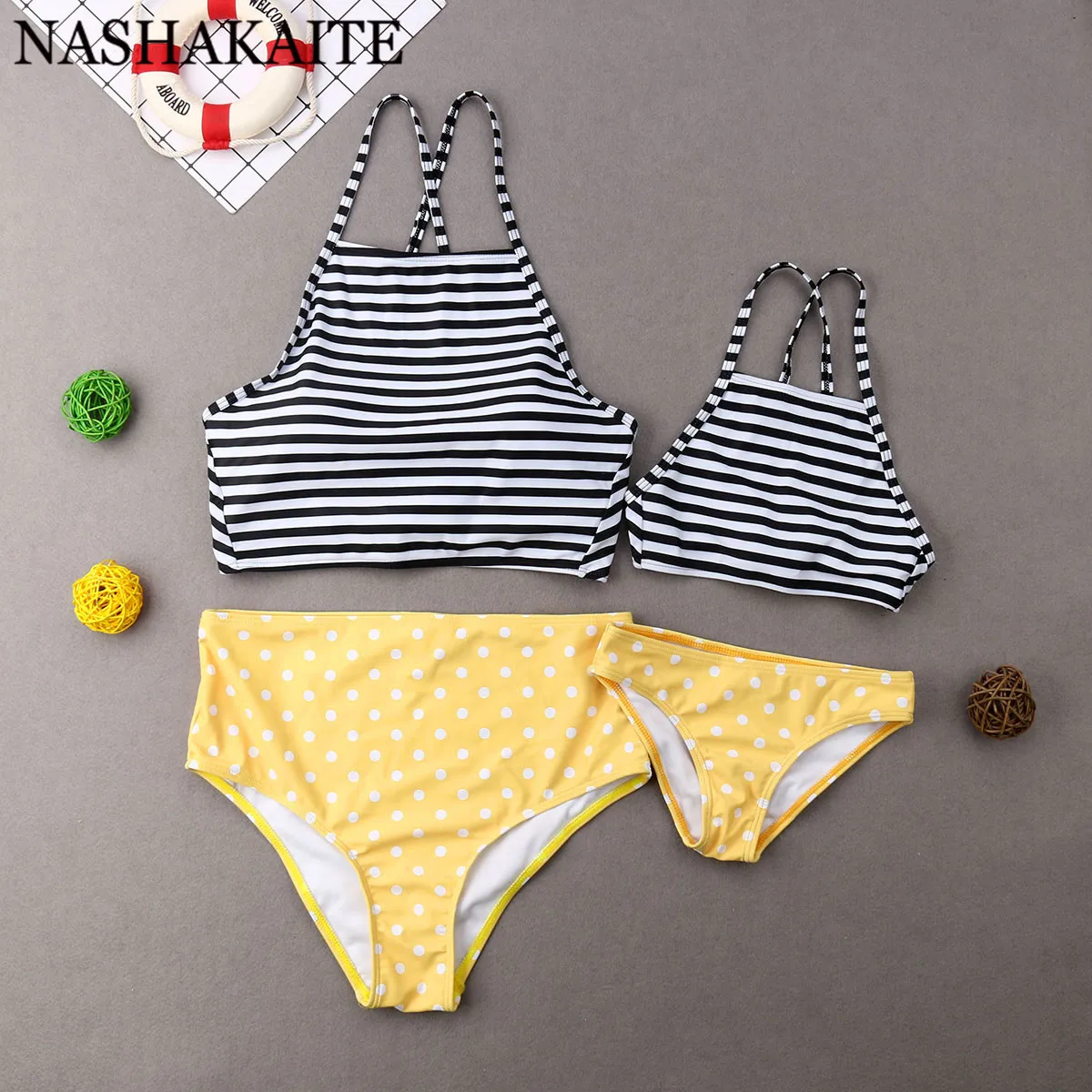 

NASHAKAITE Mom Daughter Matching Swimwear 2019 Summer Beach Holiday Striped Dots Halter Bikini Set Mother and Daughter Clothes