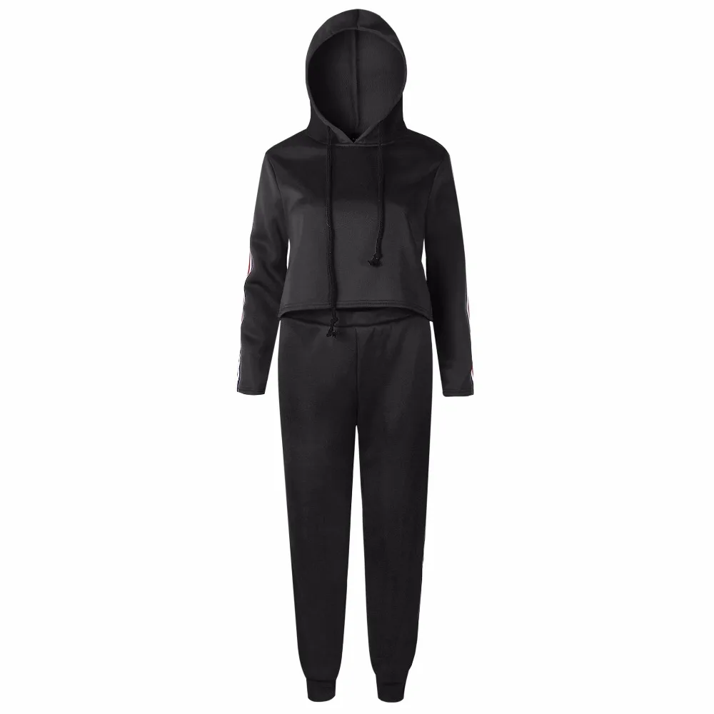 2018 Winter Jumpsuits Women Fashion Striped  Casual 2 Pieces Set Female Black Tracksuits Sexy Cropped Sweatshirt and Pants