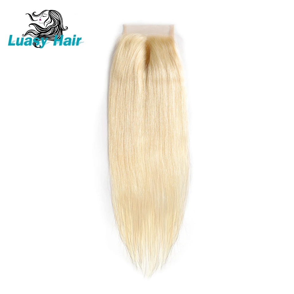 Luasy перуанский Прямо Волосы remy 613 блондинка натуральные волосы Связки с закрытием 4x4 кружева Закрытие со светлыми волосами ткань 3 пучки