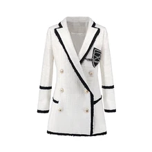 Plus Size XXXL Women High Street Long Jackets Runway Beading Double Breasted Solid Color White Slim Chic Blazers High Quality