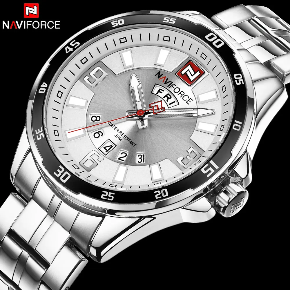 

NAVIFORCE Top Luxury Brand Mens Quartz Watch Business Full Steel Watches Week Display Waterproof Male Clock Relogio Masculino