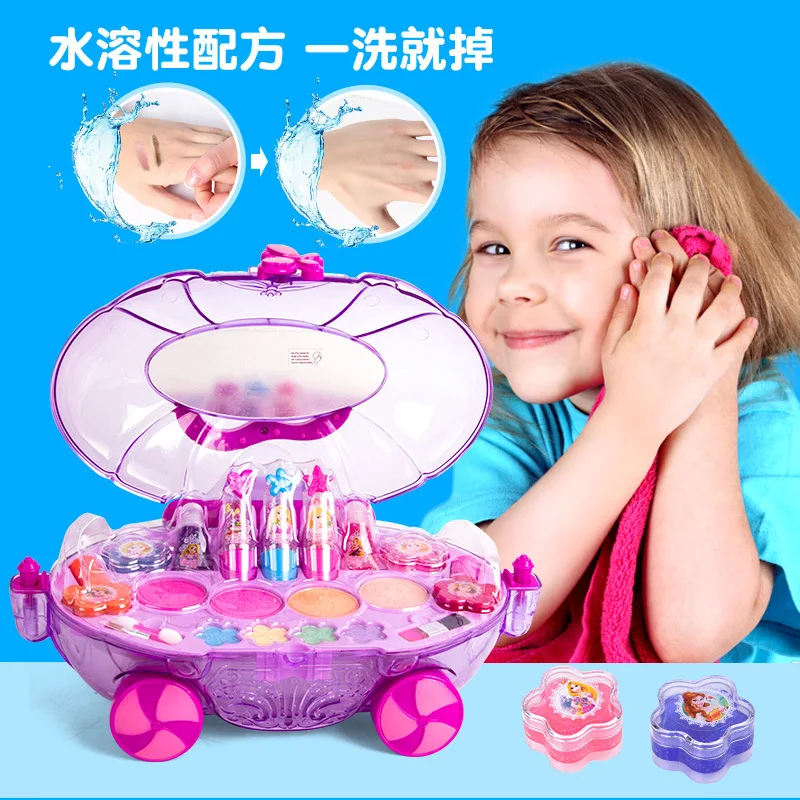 Disney 2018 Girls Princess Makeup Car Set Frozen Children Show House Makeup Box Safe Non-toxic Cosmetics Toys Girls Lipstick