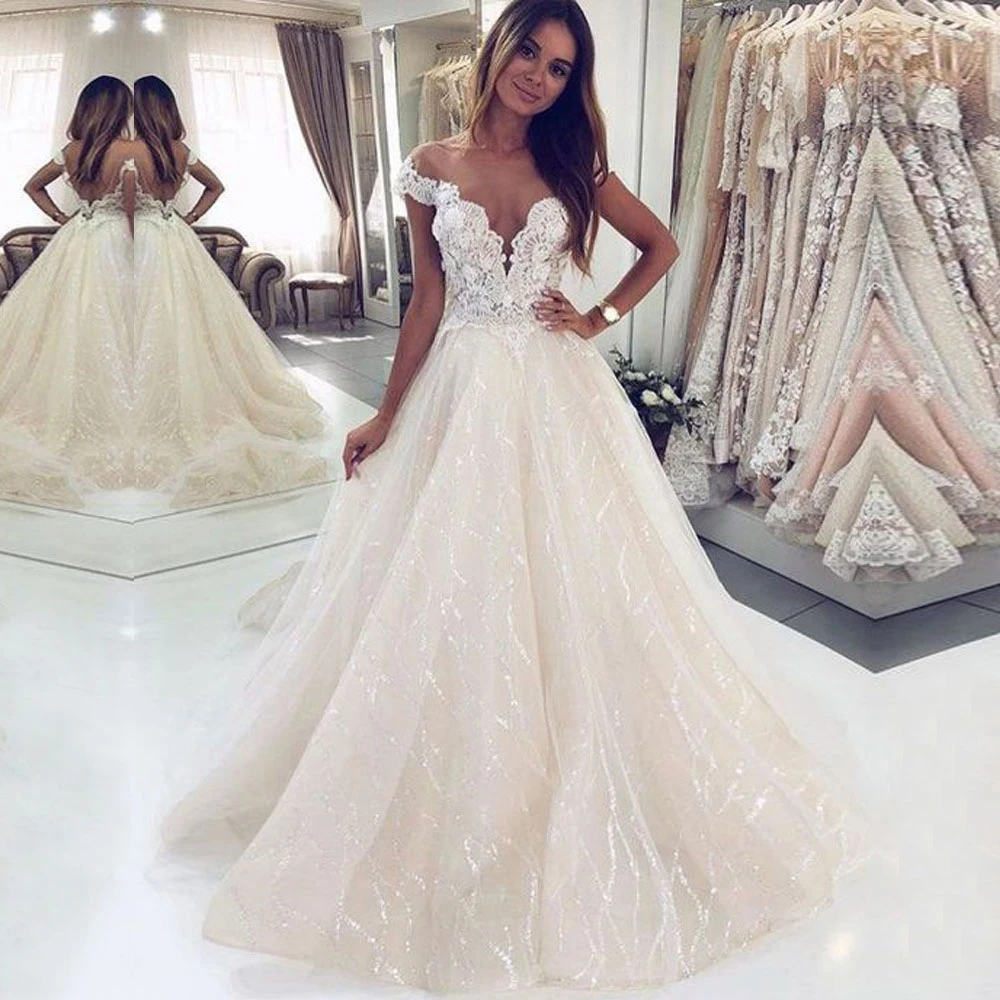 

Sexy Cap Sleeves Lace Sequins Tulle Wedding Dresses Applique Backless Bridal Gown Celebrity vestido De Noiva robe de mariee 2019