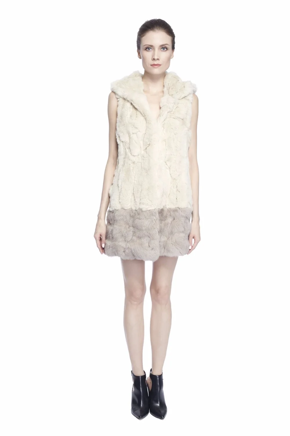 black puffer ZY88012 Women Elegant Real Winter Rex Rabbit Fur With Hooded Long Fur Vest Waistcoat Gilet Slim Fur Vest petite long puffer coat