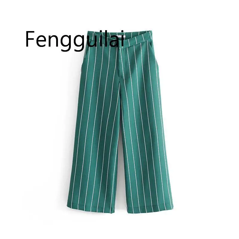 Vintage Chic Green Striped Pant Suits Fashion Pockets Single Button Notched Blazer Zipper Fly Straight Long Pants Casual Suits