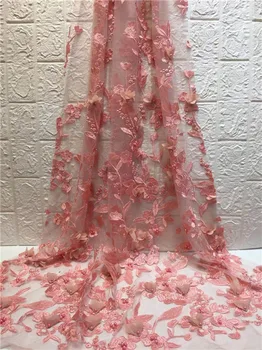 

African 3D Flowers Beaded Tulle Lace Fabric nigerian Party Laces Popular French Mesh Tulle Lace Fabric Dress green pink