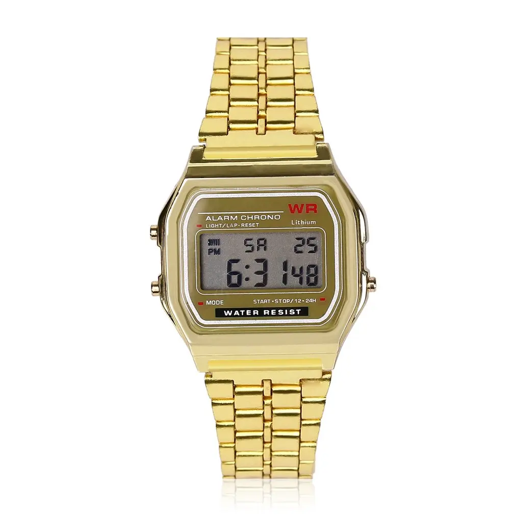 

Vintage LED Digital Watch Waterproof Steel Strap Quartz Wristband Golden Dress Wrist Watch For Men Women Sports Traveling GIFTS