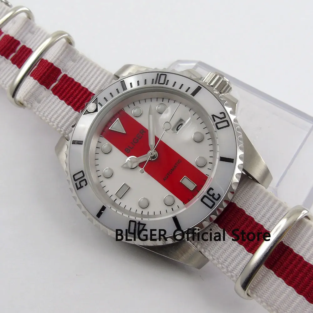 Sapphire BLIGER 40MM White Red Dial Ceramic Bezel Date Magnifier MIYOTA Automatic Movement Men's Wrist Watch Nylon Strap B125 Sapphire BLIGER 40MM White Red Dial Ceramic Bezel Date Magnifier MIYOTA Automatic Movement Men's Wrist Watch Nylon Strap B125