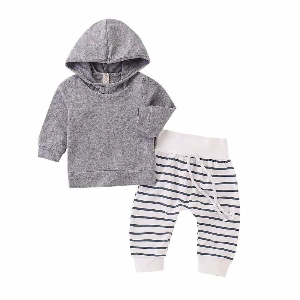 

Baby Boy Clothes Set Baby Set Gray Hoodie Sweater shirt and Stripe Harem Pant Boys Cotton Outfit for 0-18 Months