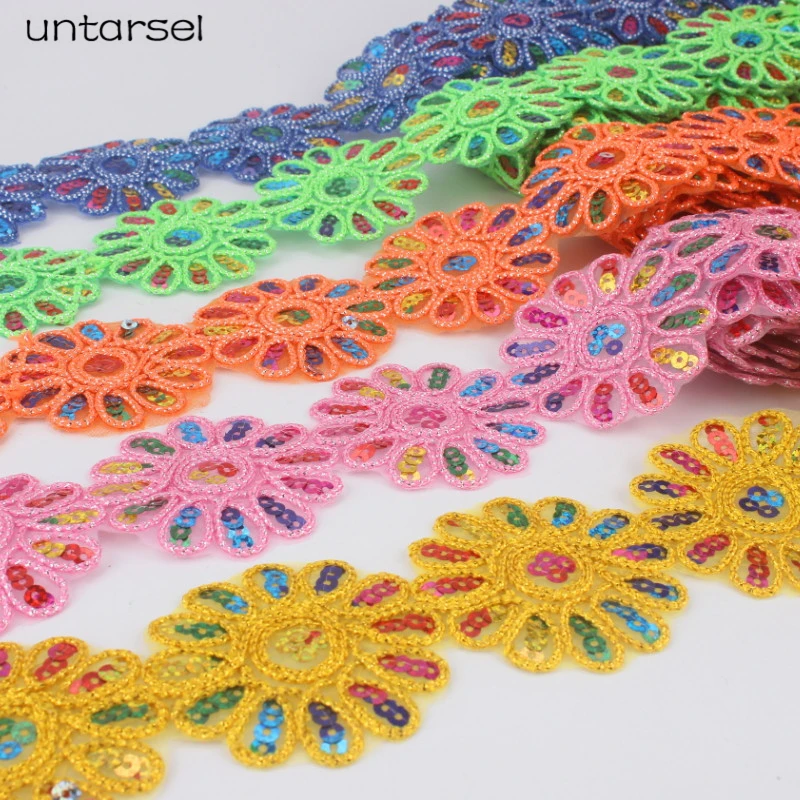 

2 yards 6cm width colorful flowers weave mesh lace fabric sequins for crafts sequin patch for clothes sewing telas dentelle