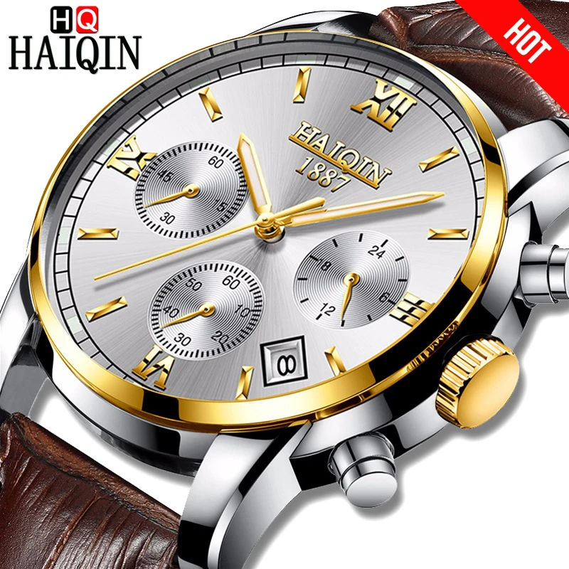 

Haiqin Top Brand Men Watches Quartz Brown Lerther clock Military waterproof Dress Male WristWatch Chronograph Relogio Masculino