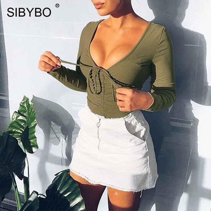 Sibybo осенний хлопковый боди с длинными рукавами для женщин глубокий v образный