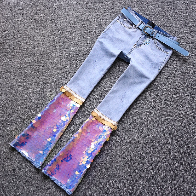 Light 2019 Mujer Blue Denim La Flare De Llegada Moda Slim Lentejuelas Pantalones Elástico Nueva Primavera fxHpOO
