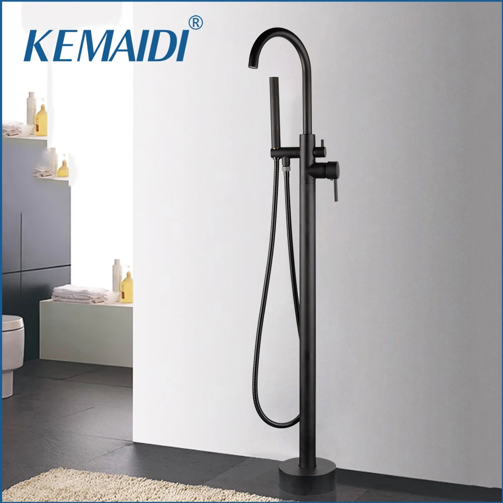 Kemaidi Robinet De Douche Remplissage Baignoire À Montage Au Sol, Bec Rond Rotatif 360 Degrés, Ensemble Romain Noir Mat